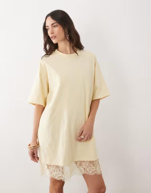 エイソス レディース トップス 衣装 ミニ スピード競技 ASOS DESIGN oversized mini dress with lace hem trim インチ pastel yellow Pastel Yellow 黄色