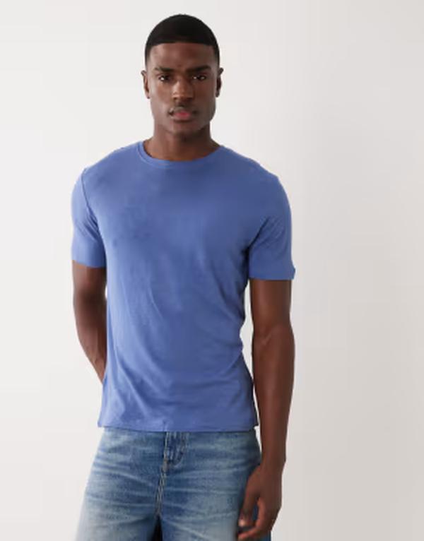 マンゴ メンズ トップス Tシャツ スリムフィット リネン Mango linen mix slim fit-shirt in mid BLUE ブルー|ReVida 店