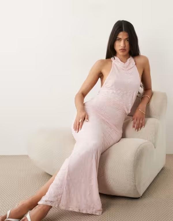 エイソス レディース トップス 衣装 開けっ広げうしろ側 スピード競技 マキシ ホルター ASOS DESIGN lace twist bust halter open back maxi dress PINK サクラ色