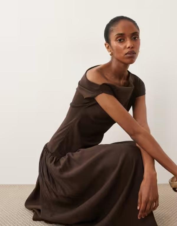 マンゴ レディース トップス ワンピース アシンメトリー ノースリーブ マキシ Mango asymmetric sleeveless drop waist maxi dress BROWN ブラウン|ReVida 店