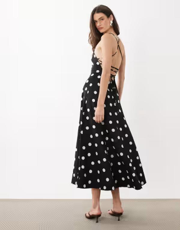 マンゴ レディース トップス 衣装 点点柄 後押し食い違い 点点 リネン マキシ Mango linen mix square neck backless maxi dress and white polka dot Black 黒いこと