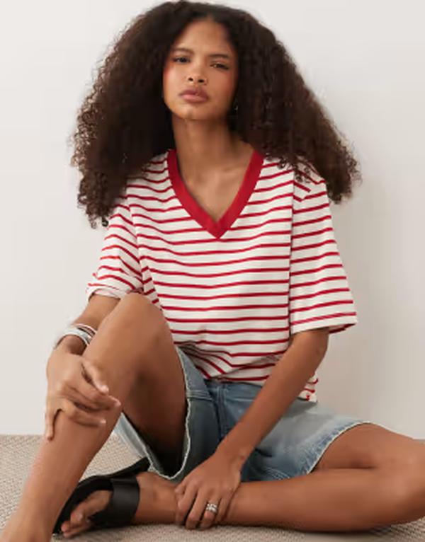 エイソス レディース トップス プルオーバー Vのど首 ASOS DESIGN oversized V-neck striped T-shirt Red stripe 赤いこと
