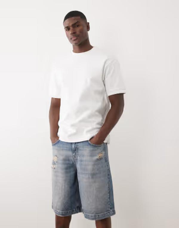 エイソス メンズ ボトムス 二分の一ズボン下・さる股引き ASOS DESIGN mid length jorts インチ washed blue with rips Mid washed Blue 青色
