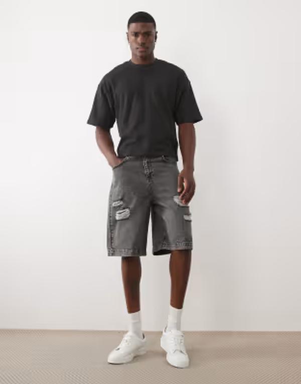 エイソス メンズ ボトムス 二分の一ズボン下・さる股引き ジーンズ ASOS DESIGN mid length denim jorts インチ washed black with rips WASHED BLACK 黒いこと