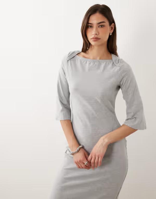 エイソス レディース トップス ワンピース ASOS DESIGN binding boat neck detail three quarter sleeve midaxi dress heather Gray グレー｜ReVida 店