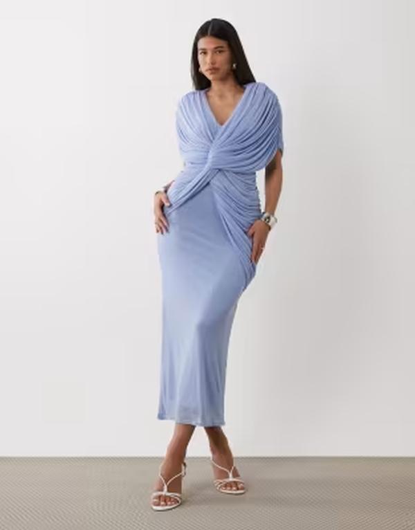 エイソス レディース トップス 衣装 ケープひな型 旗がしら ケープ ASOS DESIGN twist plunge neck cape midaxi dress Blue 青み