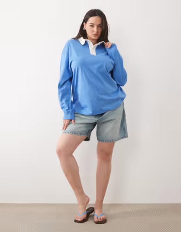 エイソス レディース トップス プルオーバー スポーツシャツ 対照 ASOS Curve ASOS DESIGN Curve contrast collar polo T-shirt インチ light BLUE \u0026 WHITE 白いこと