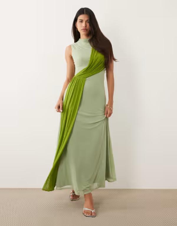 エイソス レディース トップス 衣装 メッシュ マキシ ASOS DESIGN color block mesh maxi dress with sash detail インチ sage GREEN 緑であること