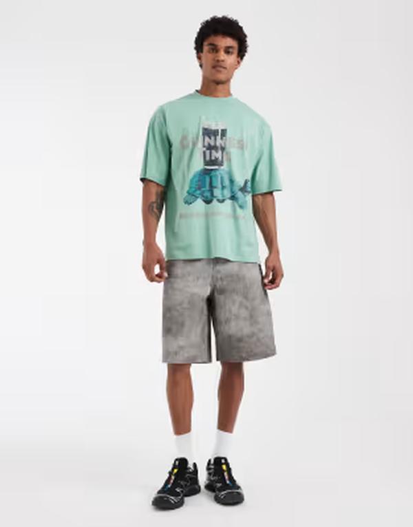 エイソス メンズ ボトムス 二分の一ズボン下・さる股引き 刷り上げる ASOS DESIGN longer length jorts fuzzy print GRAY FUZZY PRINT 薄墨色