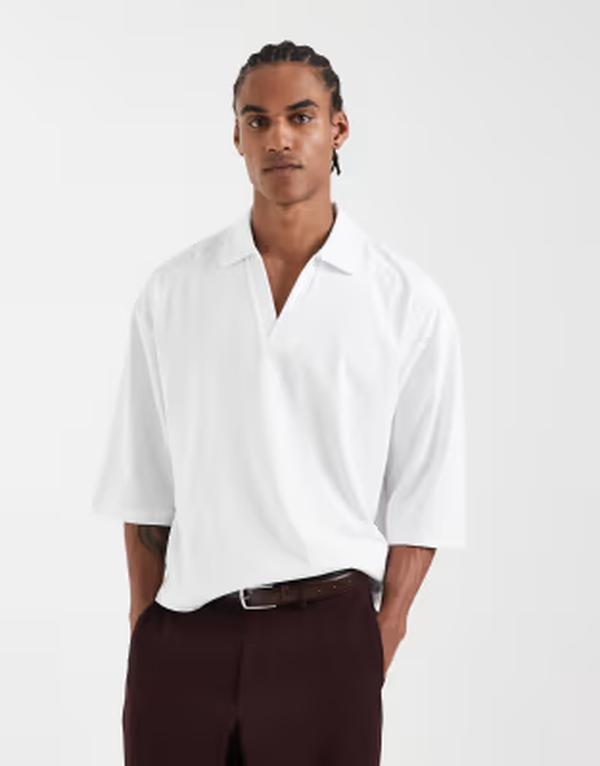 エイソス メンズ トップス スポーツシャツ ASOS DESIGN heavyweight boxy oversized polo shirt withalf sleeves WHITE 白いこと