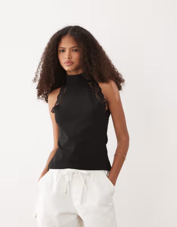 エイソス レディース トップス プルオーバー スピード競技刈り込み スピード競技 ホルター ASOS DESIGN halter neck top with lace trim Black 黒いこと