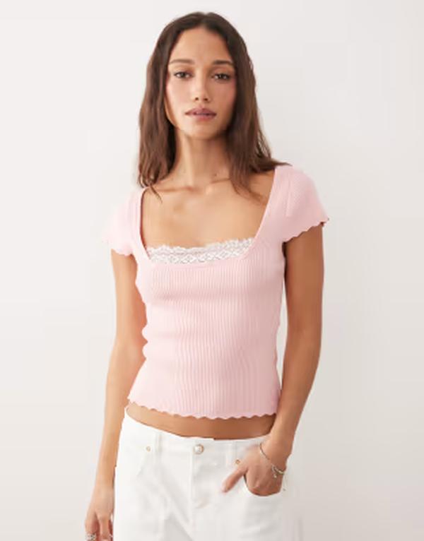 ミスセルフフリッジ レディース アウター 編み物・プルオーバー 肋材 鳥打ち帽 スピード競技 Misselfridge cap sleeve ribbed knitop with lace detail PINK サクラ色 セーター-ニット・セーター-レディースファッション