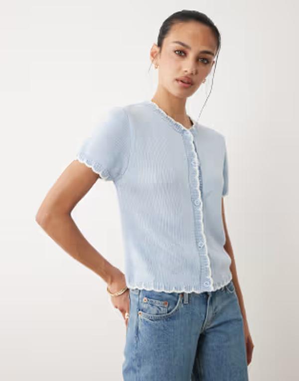 ミスセルフフリッジ レディース アウター カーディガン Misselfridge short sleeve blanket stitch cardigan BLUE ブルー｜ReVida 店
