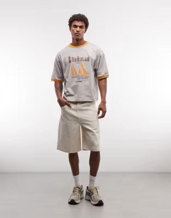エイソス メンズ トップス Tシャツ グラフィック ASOS DESIGN heavyweight boxy oversized ringer T-shirt with sailboat graphic wash SWEATSHIRT GRAY グレー｜ReVida 店 11,684円