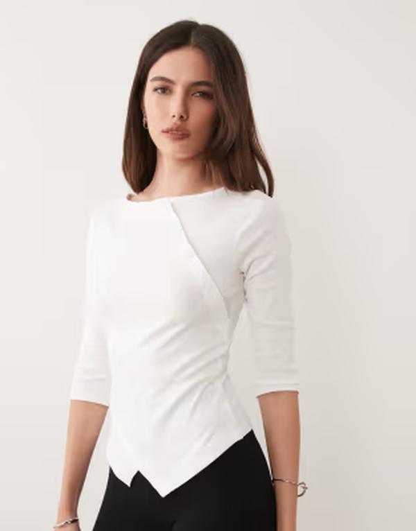エイソス レディース トップス プルオーバー 非対称 ASOS DESIGN 3/4 sleeve asymmetric button up top WHITE 白いこと