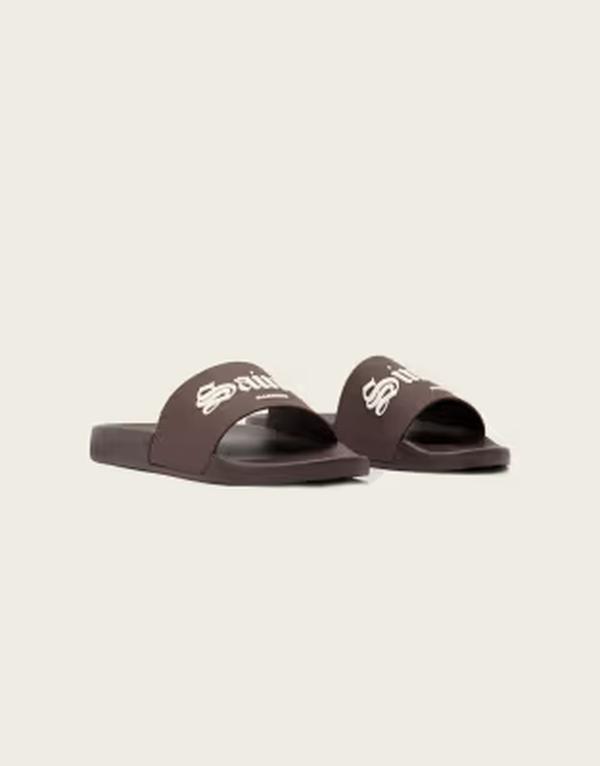 オールセインツ レディース シューズ サンダル ロゴ AllSaints & Sinners one strap logo slides in dark BROWN ブラウン｜ReVida 店