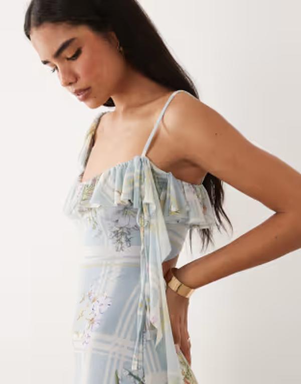 エイソス レディース トップス 衣装 非対称 御花柄 メッシュ マキシ 御花 ASOS DESIGN mesh asymmetric frill detail maxi dress with tie floral plaid BLUE FLORAL PLAID 青み
