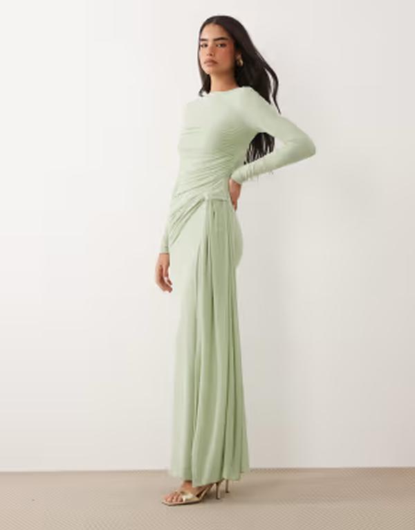 エイソス レディース トップス ワンピース メッシュ マキシ ASOS DESIGN mesh long sleeve maxi dress in sage GREEN グリーン｜ReVida 店