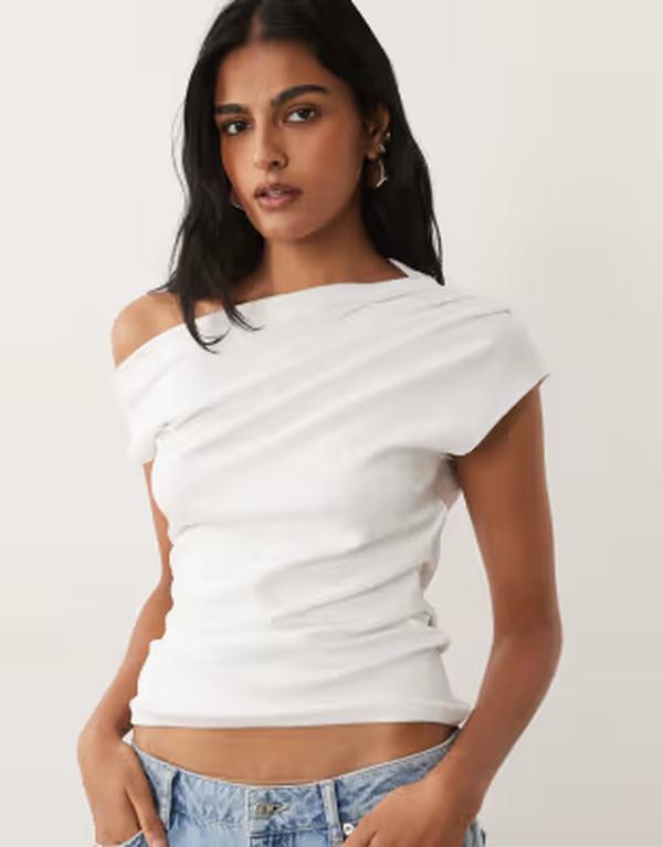 マンゴ レディース トップス プルオーバー 非対称 綿織物 Mango cotton mix asymmetric T-shirt WHITE 白いこと