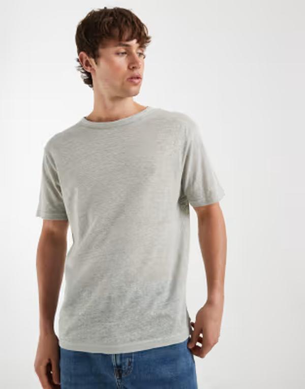 エイソス メンズ トップス プルオーバー レギュラー填まる リネン ASOS DESIGN regular fit pure linen t-shirt インチ light Pigeon 緑であること