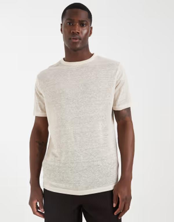 エイソス メンズ トップス プルオーバー レギュラー填まる リネン ASOS DESIGN regular fit-shirt linen look Tapioca ベージュ