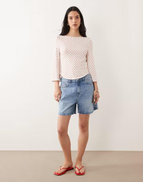 エイソス レディース トップス プルオーバー 点点柄 点点 ASOS DESIGN 3/4 sleeve top with boat neck with red polka dot White and Red polka dots 白いこと