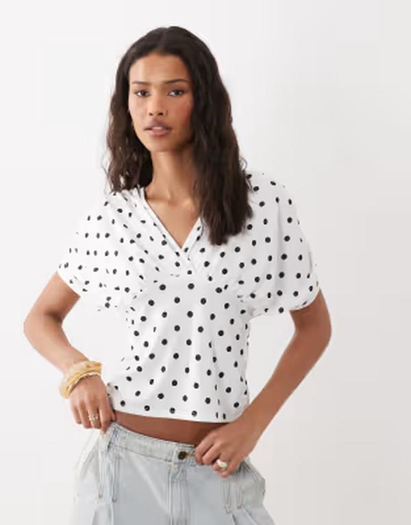 エイソス レディース トップス プルオーバー 点点柄 酉の方角目じるし 点点 ASOS DESIGN plunge with cinched waistop インチ stone polka dot Polka Dot 点点