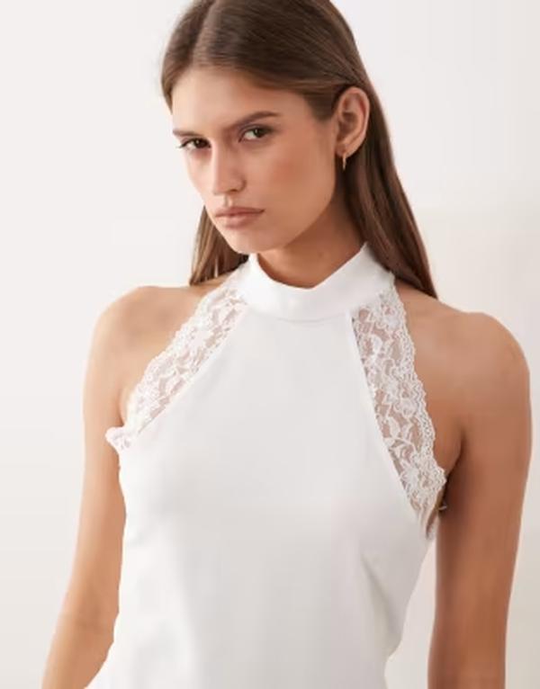 エイソス レディース トップス プルオーバー スピード競技刈り込み スピード競技 ホルター ASOS DESIGN halter neck with lace trim top IVORY 象牙色