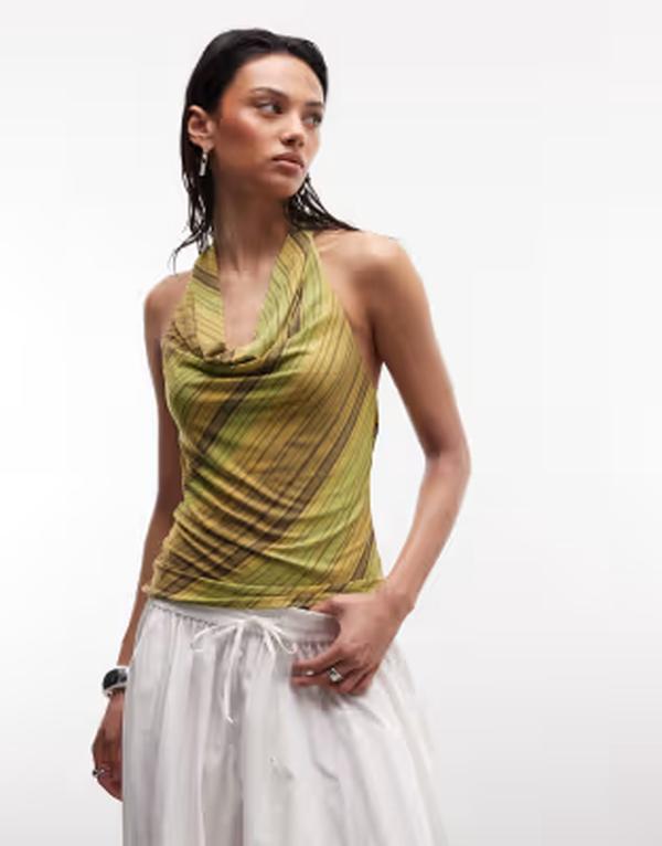 リクレイム ヴィンテージ レディース トップス シャツ ホルター Reclaimed Vintage stripe slinky halter top Green Stripe グリーン｜ReVida 店