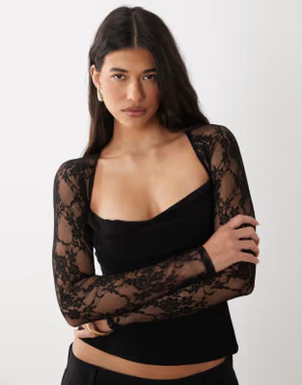 エイソス レディース トップス シャツ レース ASOS DESIGN lace sweetheart long sleeve top black ブラック｜ReVida 店