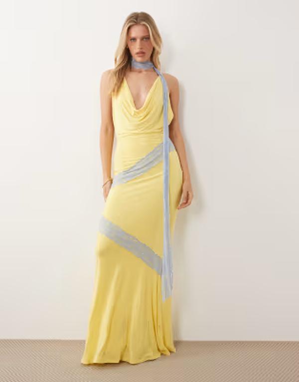 エイソス レディース トップス 衣装 スピード競技 マキシ ASOS DESIGN lace cut about slinky maxi dress with scarf detail インチ lemon YELLOW 黄色
