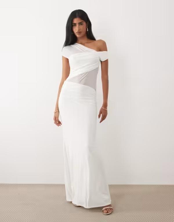エイソス レディース トップス 衣装 メッシュ シアー マキシ ASOS DESIGN fallen shoulder mesheer panel maxi dress WHITE 白いこと