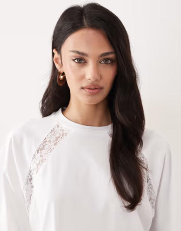 エイソス レディース トップス プルオーバー スピード競技刈り込み スピード競技 ASOS DESIGN oversized T-shirt with lace trim raglan detail WHITE 白いこと