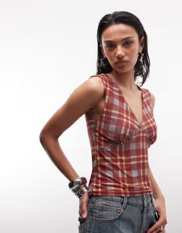 リクレイム ヴィンテージ レディース トップス 貯蔵タンクいの一番 Vのど首 刷り上げる Reclaimed Vintage check print v neck tank top Red check 赤いこと トップス-タンクトップ-レディースファッション