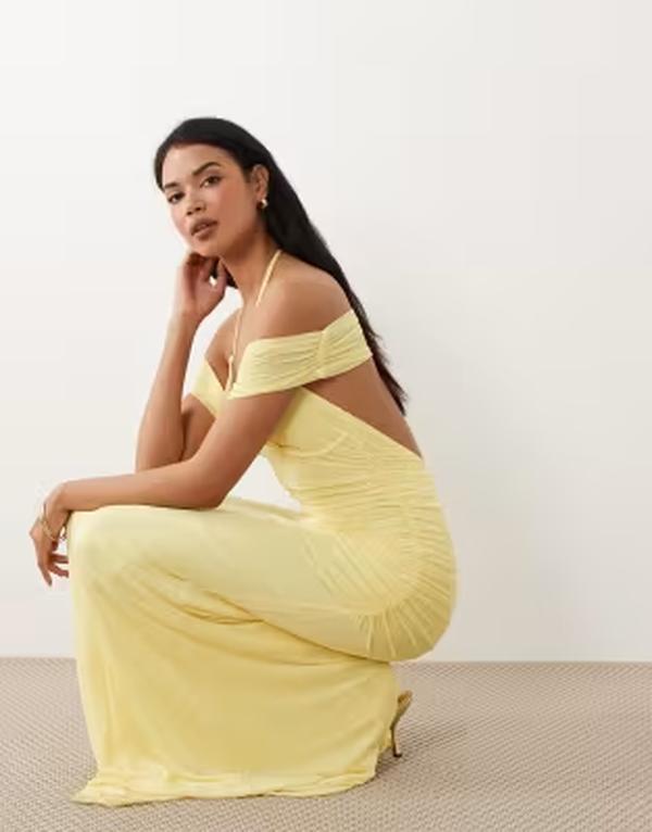 エイソス レディース トップス 衣装 ギャザー メッシュ マキシ ASOS DESIGN mesh fishtail maxi dress with shoulder grazing ruched layer インチ lemon