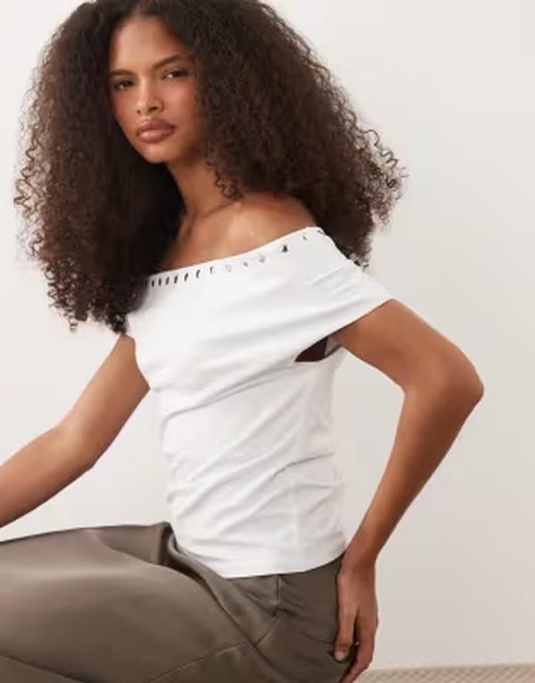 エイソス レディース トップス プルオーバー ASOS DESIGN off shoulder with studetails top WHITE 白いこと