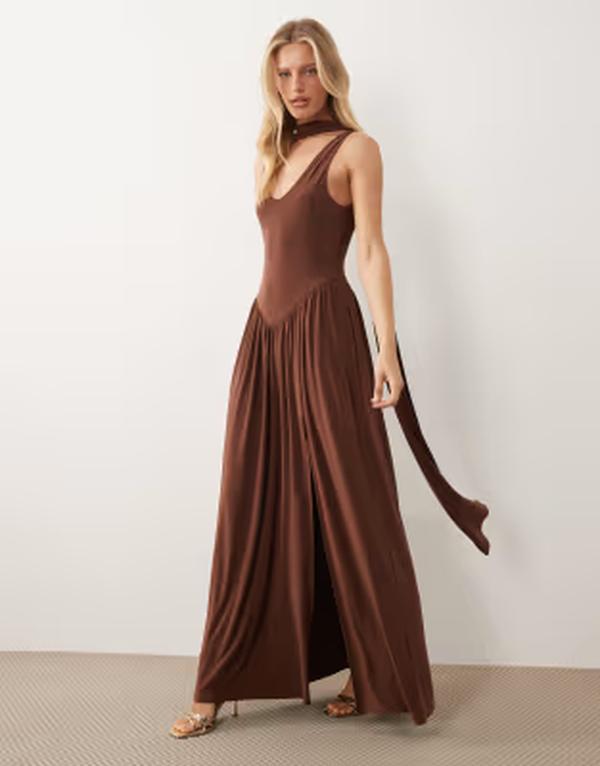 エイソス レディース トップス 衣装 マキシ ASOS DESIGN slinky maxi dress with scarf detail インチ chocolate 黒茶