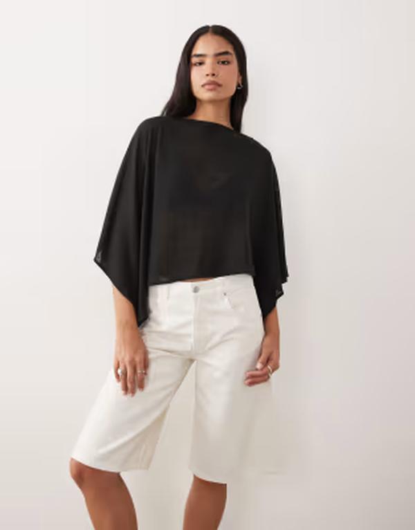 エイソス レディース トップス プルオーバー ケープ青写真 非対称 シアー 旗がしら ケープ ASOS DESIGN slubby sheer asymmetricape Black 黒いこと