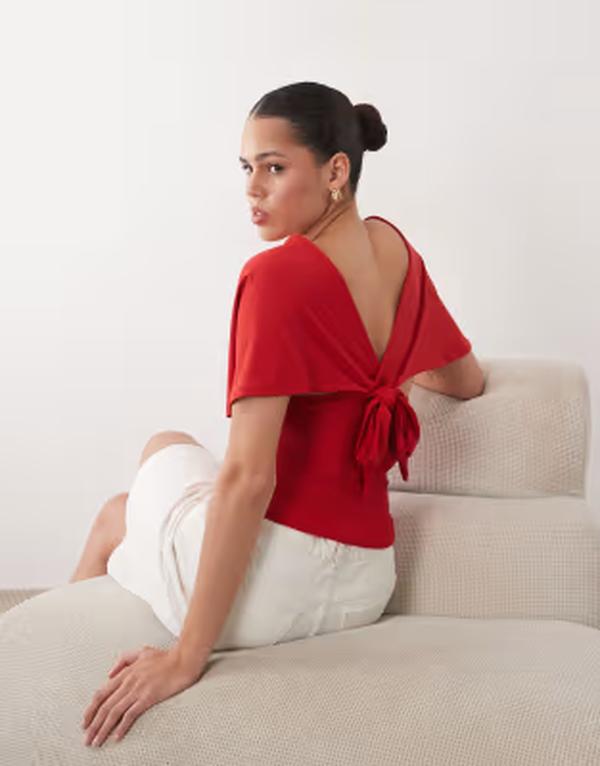 エイソス レディース トップス プルオーバー ノースリーブ ASOS DESIGN polyamide plunge sleeveless tie back cinch top RED 赤いこと