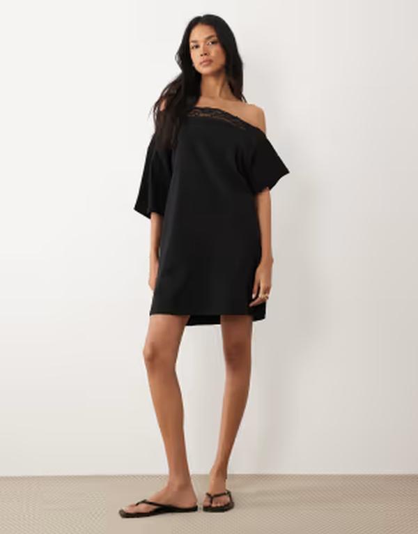 エイソス レディース トップス 衣装 スピード競技刈り込み ミニ スピード競技 ASOS DESIGN lace trim off shoulder mini dress Black 黒いこと