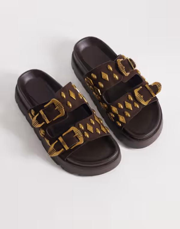 エイソス レディース シューズ サンダル スエードクロス ASOS DESIGN Flair boho studded sandals インチ chocolate suedette CHOCOLATE SUEDETTE 黒茶