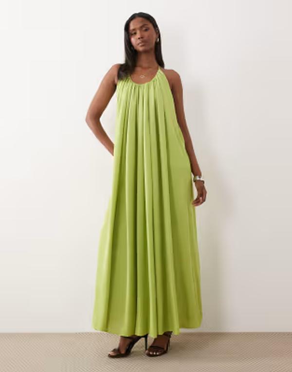 エイソス レディース トップス 衣装 マキシ ASOS DESIGN trapeze scoop neck maxi dress with beaded back detail インチ olive green 緑であること