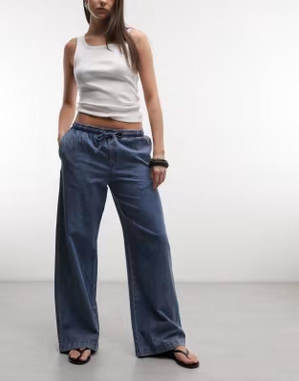 ノイジーメイ レディース ボトムス デニムパンツ ワイドレッグ Noisy May tie waist wide leg pants in washed blue denim Washed Blue ブルー|ReVida 店