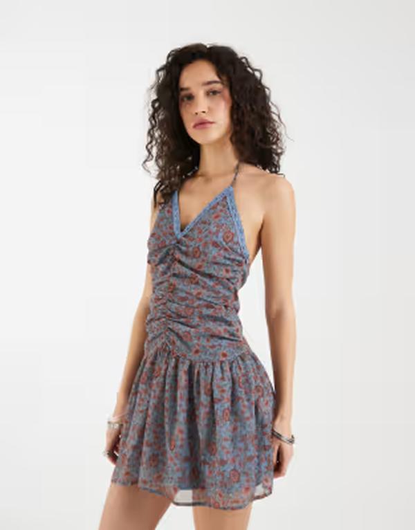 ジーメンス電話を掛ける レディース トップス 衣装 シフォン ギャザー ミニ ホルター Motel Emika chiffon ruched halter mini dress インチ blossom BLUE 青み
