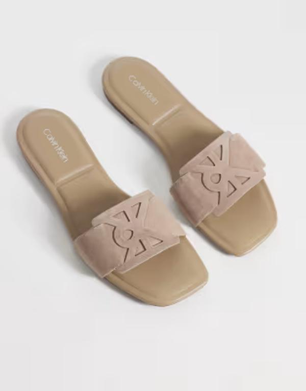 カルバンクライン レディース シューズ サンダル スエードクロス Calvin Klein suede square sandalsilver Mink ミンクのコート