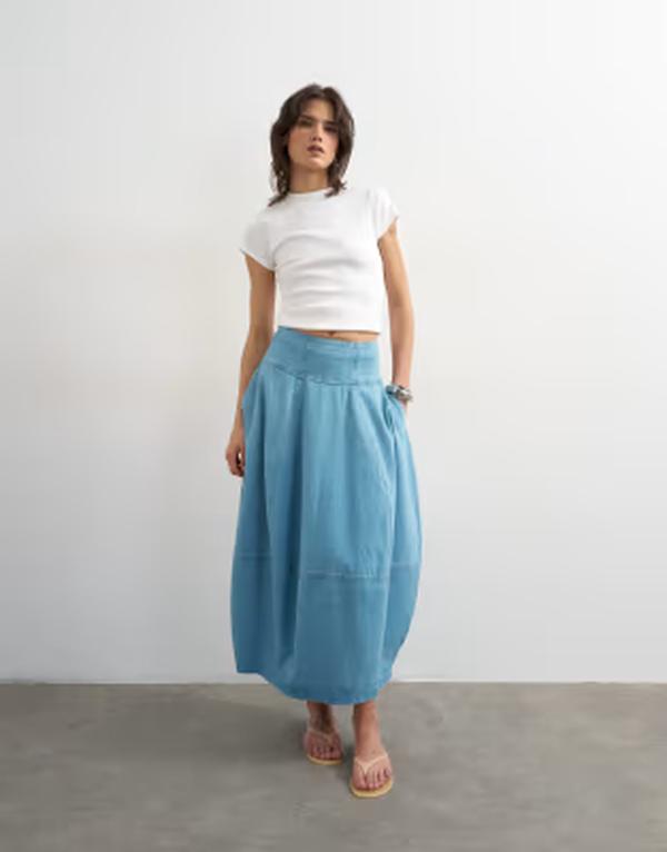 とっ始め販売店 レディース 下つ方スコート ジーンズ マキシ Topshop denim barrel seamed maxi skirt インチ bleach ジーンズ