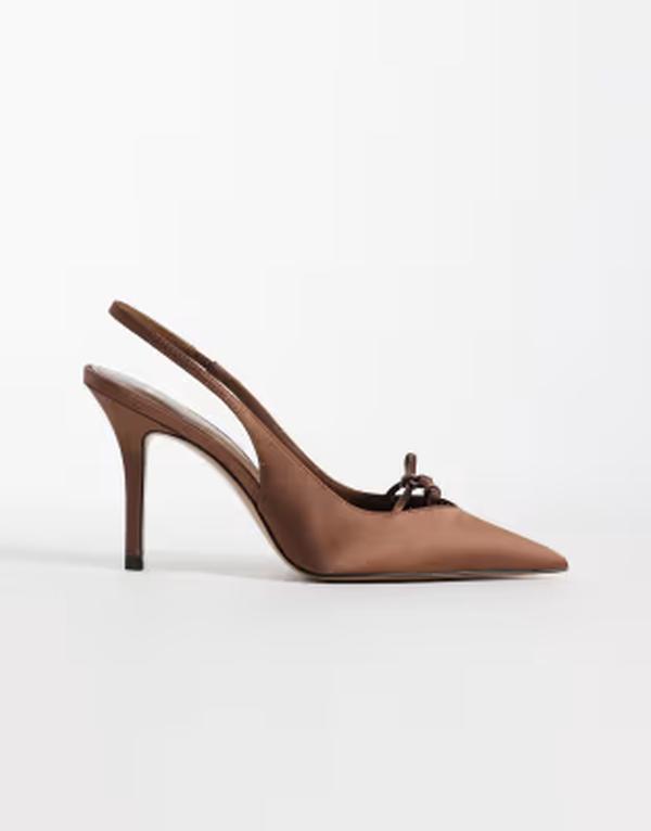 マンゴ レディース シューズ スリッポン・ローファー サテン ヒール Mango pointed toe satin slingback heels with bow detailing BROWN ブラウン|ReVida 店
