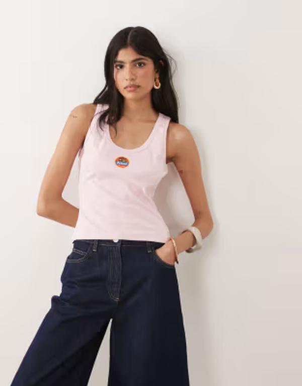 エイソス レディース トップス プルオーバー 肋材 ASOS DESIGN ribbed scoop tank top with embroidery detail on PINK サクラ色