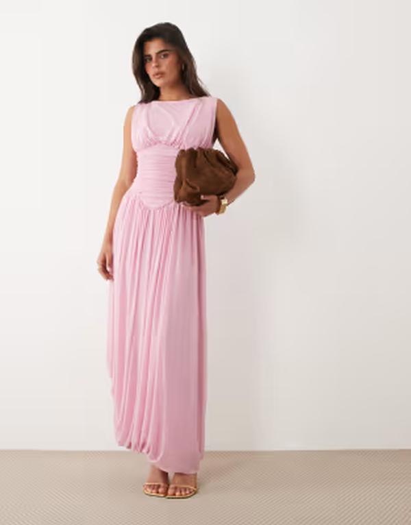 エイソス レディース トップス 衣装 非対称 メッシュ マキシ ASOS DESIGN mesh slash neck asymmetric bubble hemaxi dress pink サクラ色