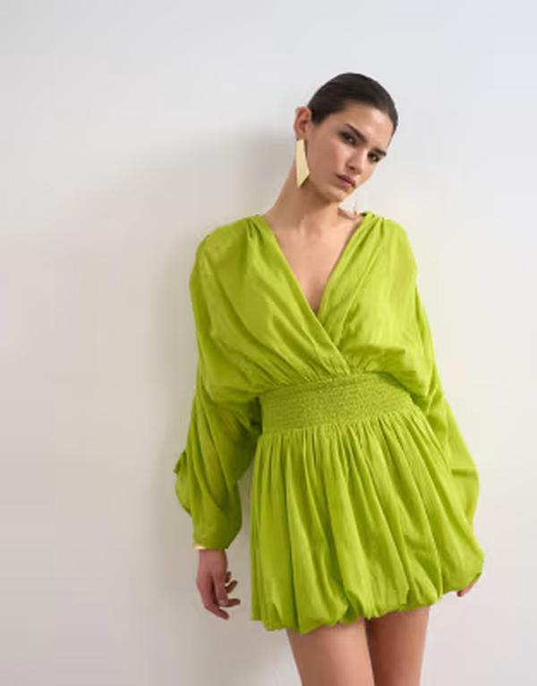 とっ始め販売店 レディース トップス 衣装 ミニ 綿織物 Topshop cotton long sleevedeeplunge bubble hemini dress インチ lime 菩提樹